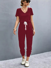 Casual maroon V-neck short sleeve jumpsuit, machine wash cold