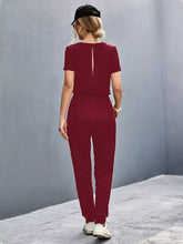 Back view of maroon Casual V-Neck short sleeve jumpsuit, machine wash cold