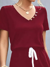 Maroon velvet v-neck short sleeve drawstring waist jumpsuit, machine wash cold