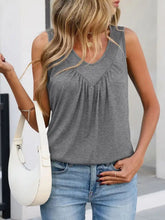 Gray casual v neck sleeveless tank top with gathered fabric at the bust for comfortable everyday wear