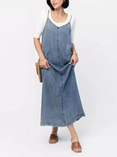 Blue denim maxi dress with white trim and front zipper closure casual washed denim cami maxi dress