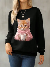 Cat Round Neck Long Sleeve Sweatshirt with orange cat graphic