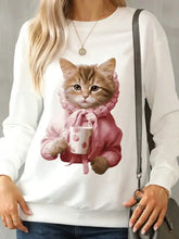 White cat round neck long sleeve sweatshirt with kitten graphic
