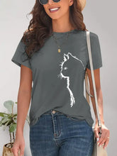 Dark gray cat round neck short sleeve t-shirt with white cat silhouette