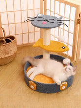 Gray yellow plush cat activity center with cozy bed and paw prints