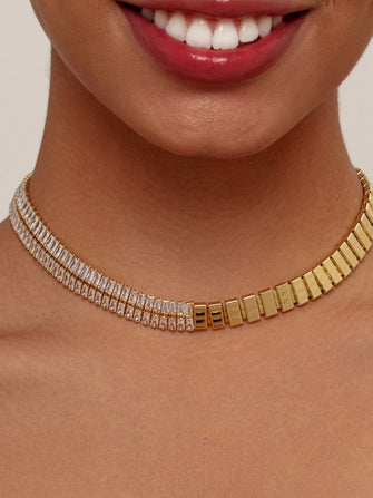 18K Gold-Plated Two-Tone Zircon Choker Necklace Gold One Size