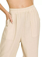 Beige double gauze cotton pants with elastic band waistband and side pockets by zenana double gauze elastic
