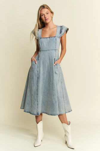 Jade By Jane Full Size Ruffled Denim Midi Dress Plus Size DENIM BLUE