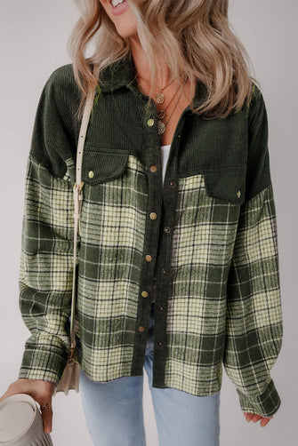 Snap Down Collared Neck Plaid Shacket Black Forest
