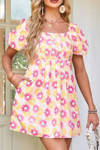 Floral Square Neck Puff Sleeve Pleated Flared Midi Dress Woman Casual Dress