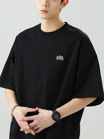 Men's Plus Size Embroidered Round Neck Half Sleeve T-Shirt Black