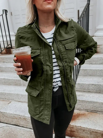 Pocketed Long Sleeve Zip Up Jacket Army Green Woman Outerwear