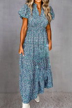 Tiered Printed Notched Short Sleeve Dress Peacock Blue