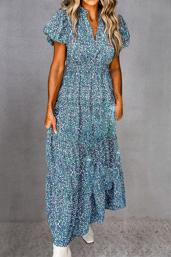 Tiered Printed Notched Short Sleeve Dress Peacock Blue