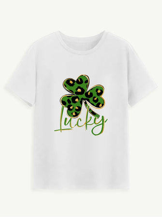 Lucky Clover Round Neck Short Sleeve T-Shirt White