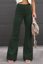 Dark green full size hight waist bootcut pants with smooth textured fabric and classic button closure