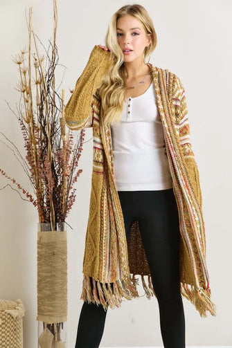 Fringe Hem Aztec Cardigan MUSTARD