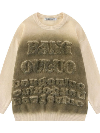 Men's Gradient Letter Pattern Long Sleeve Sweater Apricot