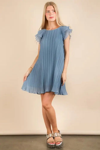 VERY J Plus Size Ruffle Sleeve Pleated Woven Mini Dress Denim Casual Dresses