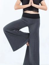 High waisted wide leg yoga pants in dark gray with a black contrast waistband for comfortable activewear