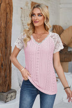 Eyelet V-Neck Lace Short Sleeve T-Shirt Blush Pink