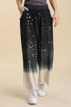 Umgee plus size linen blend bleach dip dye wide leg pants with raw hem in black and cream tie dye pattern