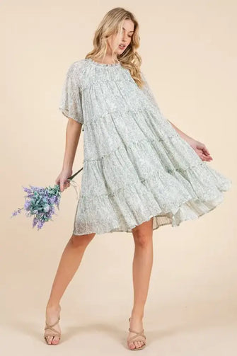 Lime 'N' Chili Ditsy Floral Print Sheer Ruffle Detail Mini Dress IVORY COMBO Casual Dresses
