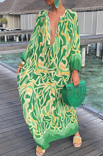 Abstract Print Buttoned Balloon Sleeve Dress Green Woman Maxi Dress