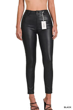 Black faux leather stretch skinny pants by Zenana with a glossy finish and classic five-pocket design