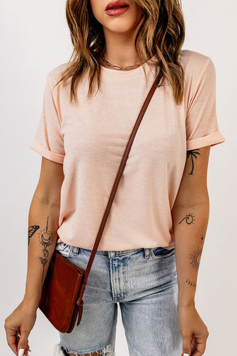 Round Neck Cuffed Short Sleeve Tee Blush Pink