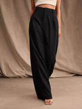 Black high-waisted wide-leg pants with a tailored structured fit ideal for formal and professional wear