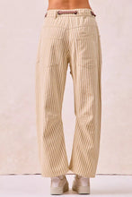 Beige and cream drawstring striped twill barrel pants with wide-leg fit and braided belt detail at the waist