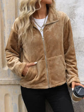 Perfee Pocketed Zip Up Collared Neck Long Sleeve Jacket Camel Woman Outerwear