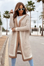 Pocketed Contrast Long Sleeve Hooded Cardigan Dust Storm One Size Woman Outerwear