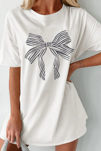 Bow Graphic Round Neck Short Sleeve T-Shirt White