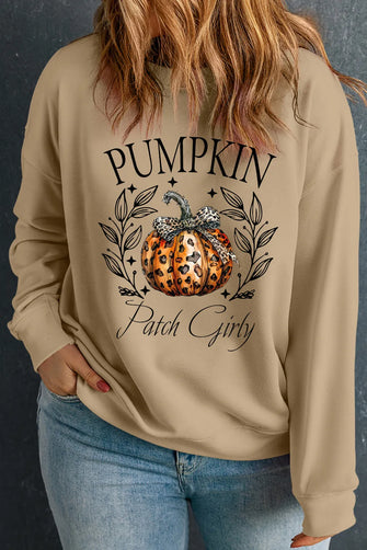 Plus Size Pumpkin Graphic Long Sleeve Sweatshirt Khaki