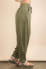 Olive green very j solid barrel comfy high-waisted woven pants with elastic waistband and side pockets