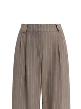 Beige pinstripe pleated striped wide leg pants with a tailored waistband in a lightweight fabric