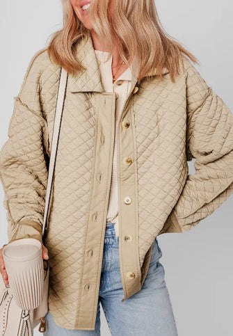 Exposed Seam Collared Neck Button Up Shacket Beige