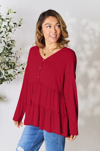 Double Take Half Button Long Sleeve Ruffle Hem Blouse Burgundy Woman Blouses