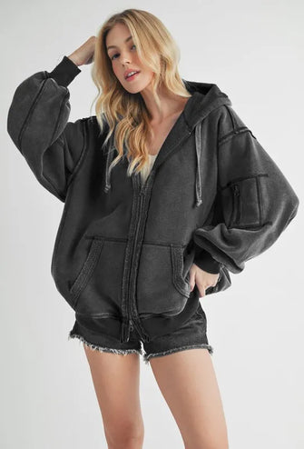 Aemi+Co Exposed Seam Zip Up Drawstring Hooded Jacket Black Woman Outerwear