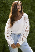 Ribbed Lace Trim Flounce Sleeve Knit Top White Woman Blouses
