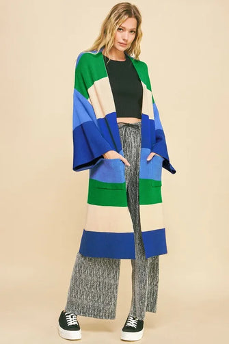 Davi & Dani Color Block Kimono Sleeve Open Front Cardigan Blue Stripe