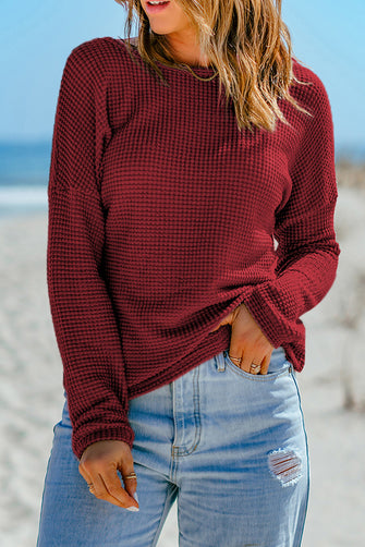 Round Neck Dropped Shoulder Blouse Burgundy Woman Blouses