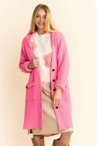 Davi & Dani Side Slit Button Up Hooded Cardigan Pink