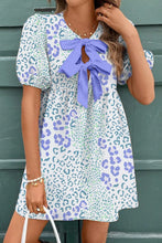 Leopard Print Bow Front Puff Sleeve Mini Dress Blue Purple