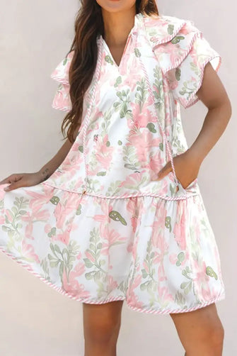 Floral Contrast Edge Layered Short Sleeve Mini Dress Blush Pink Casual Dresses