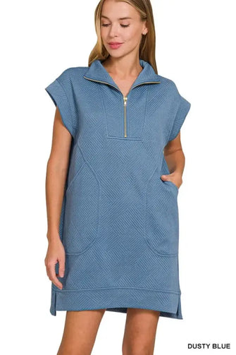 Zenana Textured Knit Jacquard Quarter Zipper Mini Dress DUSTY BLUE Casual Dresses
