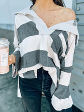 Striped Collared Neck Long Sleeve T-Shirt White