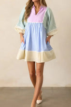 Striped Patchwork Ric Rac Puff Sleeve Collared Mini Dress Casual Dresses